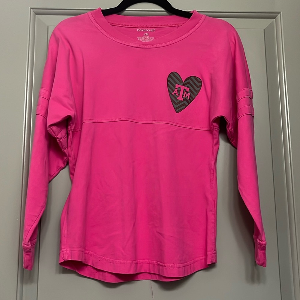 Long sleeve pink A&M college shirt.